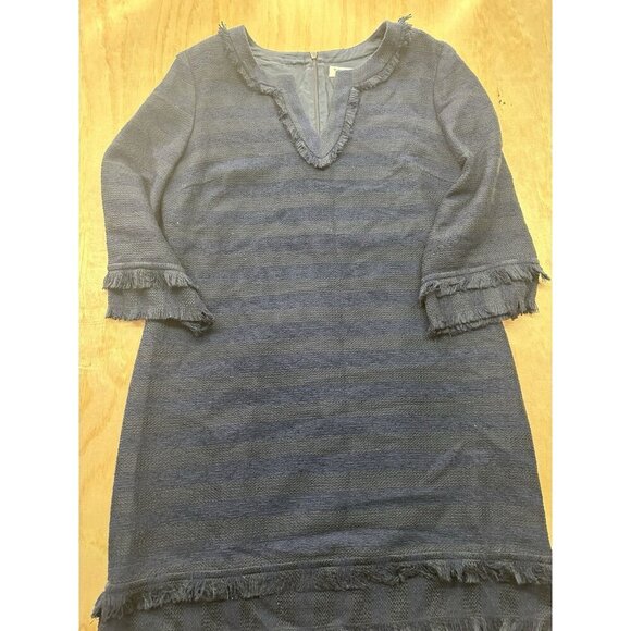 Trina Turk Navy Blue Tweed Dress Fringe Shift Career Sz 12 Textured Knit Party - Picture 1 of 6